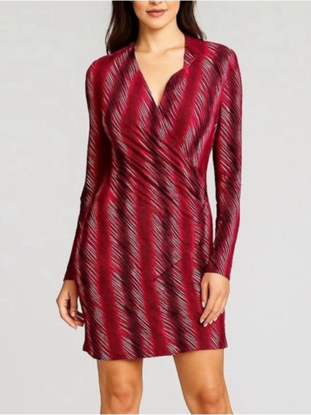Norma Kamali red stretch knee length v neck jersey knit long sleeve wrap dress